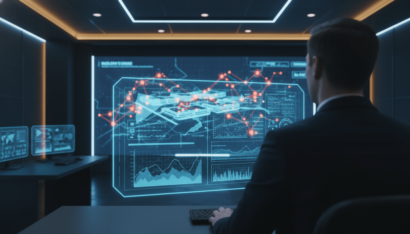 Centro de control de seguridad avanzada con interfaces holográficas y análisis de datos predictivos en un entorno corporativo moderno.