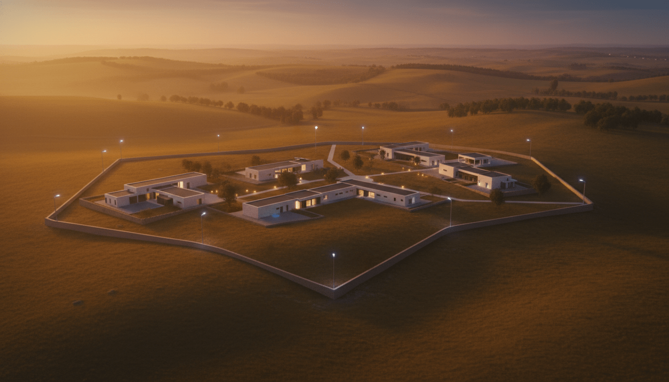 Sistema de seguridad perimetral avanzado en una propiedad extensa con vigilancia de alta tecnología