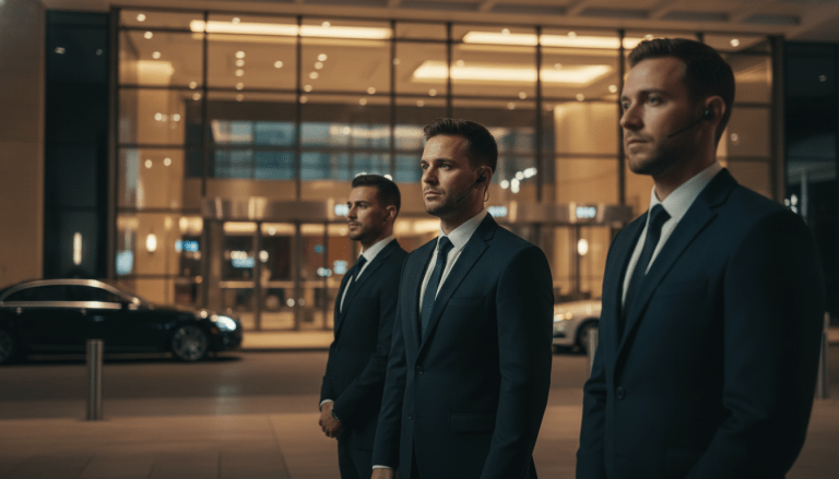 Equipo de seguridad profesional con trajes custodiando la entrada de un evento corporativo de alto nivel.