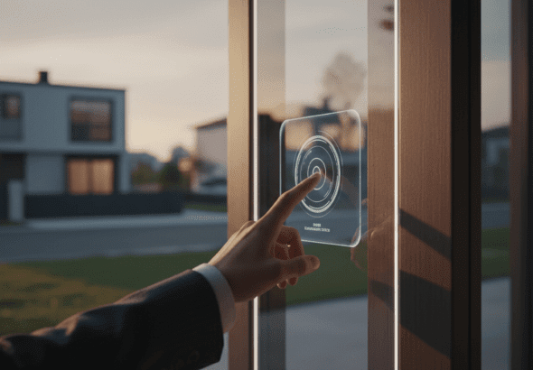 Entrada de complejo residencial moderno con tecnologia de seguridad avanzada