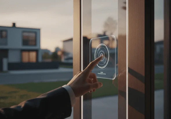 Entrada de complejo residencial moderno con tecnologia de seguridad avanzada