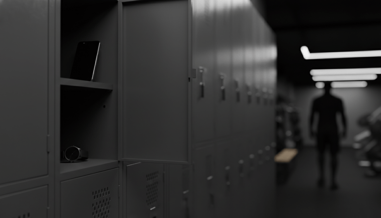 Primer plano de taquilla de gimnasio abierta con objetos de valor desprotegidos resaltando la falta de seguridad en vestuarios.
