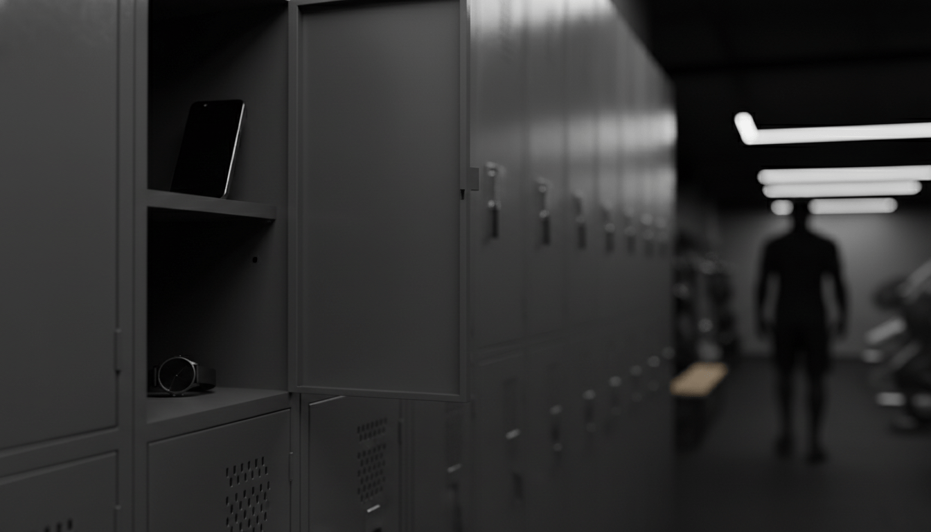 Primer plano de taquilla de gimnasio abierta con objetos de valor desprotegidos resaltando la falta de seguridad en vestuarios.