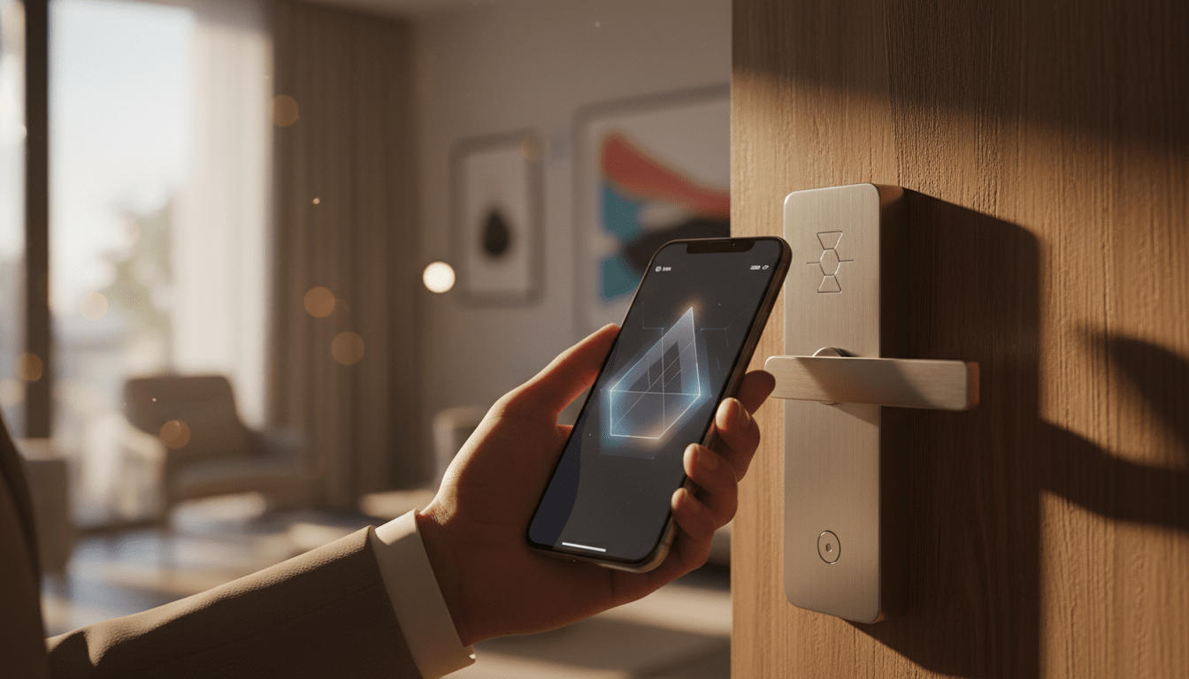 Primer plano de una cerradura inteligente en una puerta de madera controlada por un smartphone en un apartamento turístico moderno.
