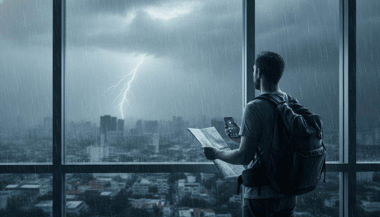 Viajero con mochila mirando una tormenta a través de una ventana, representando la seguridad ante desastres naturales en el extranjero.