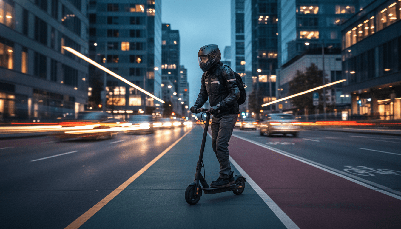 Conductor de patinete eléctrico equipado con casco circulando con precaución en una ciudad moderna