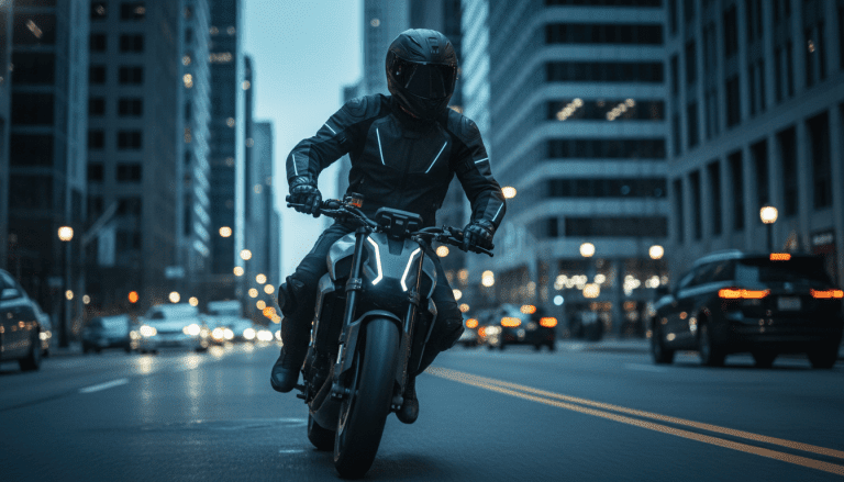 Motociclista urbano equipado con casco de seguridad de alta gama y equipo de protección profesional en una ciudad densa.