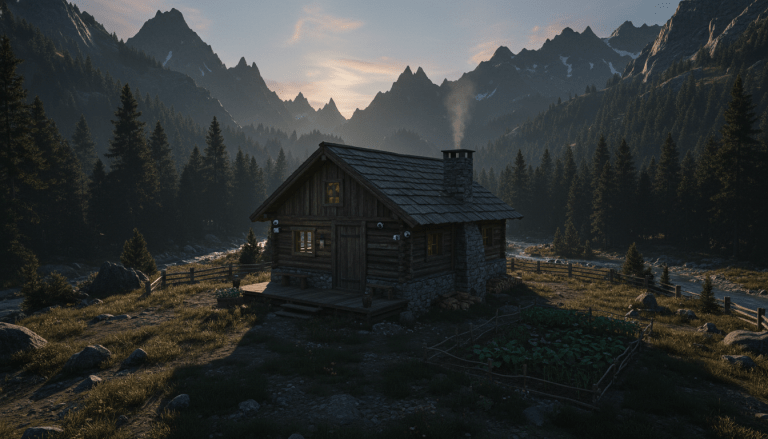 Cabaña autosuficiente y remota con sistemas de seguridad integrados en un entorno rural al atardecer