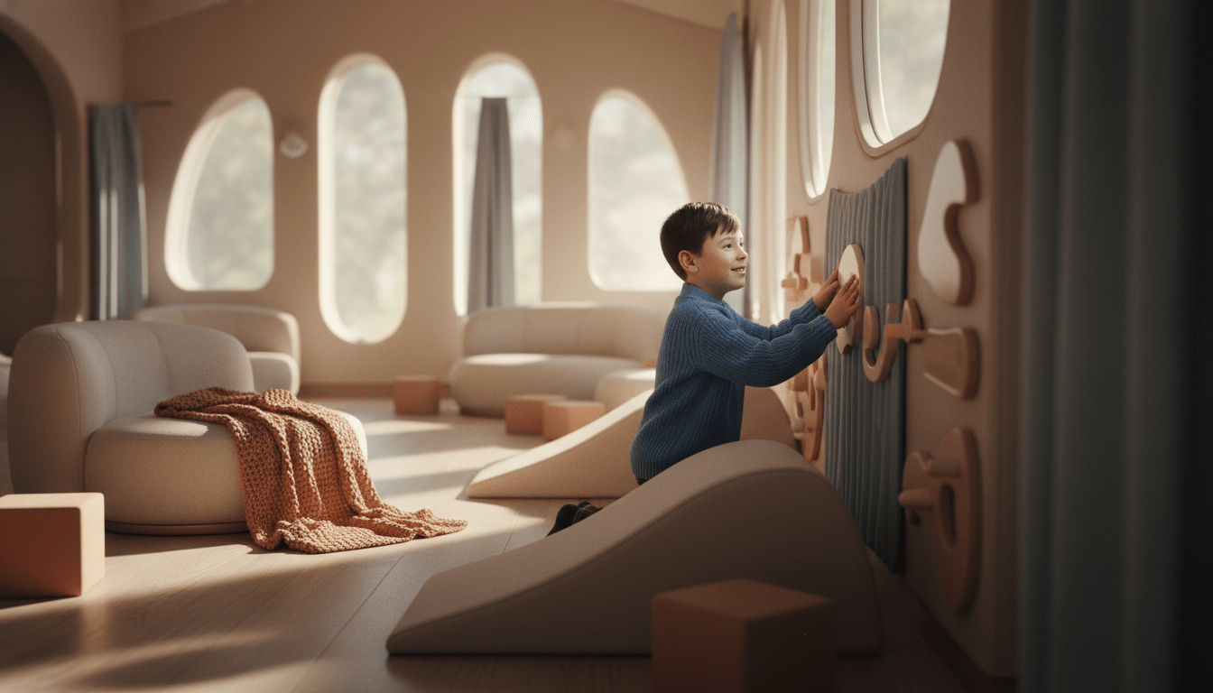 Niño con necesidades especiales explorando un entorno hogareño seguro y adaptado con luz natural