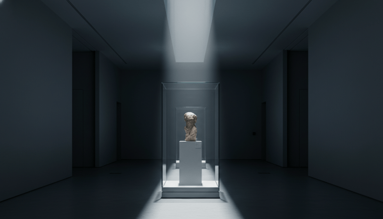 Pasillo de museo con iluminación dramática y vitrina de cristal protegiendo una obra de arte antigua.
