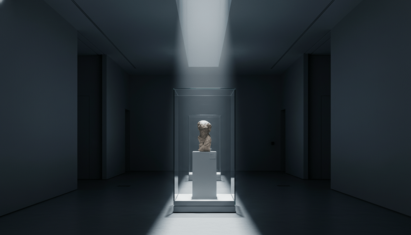 Pasillo de museo con iluminación dramática y vitrina de cristal protegiendo una obra de arte antigua.