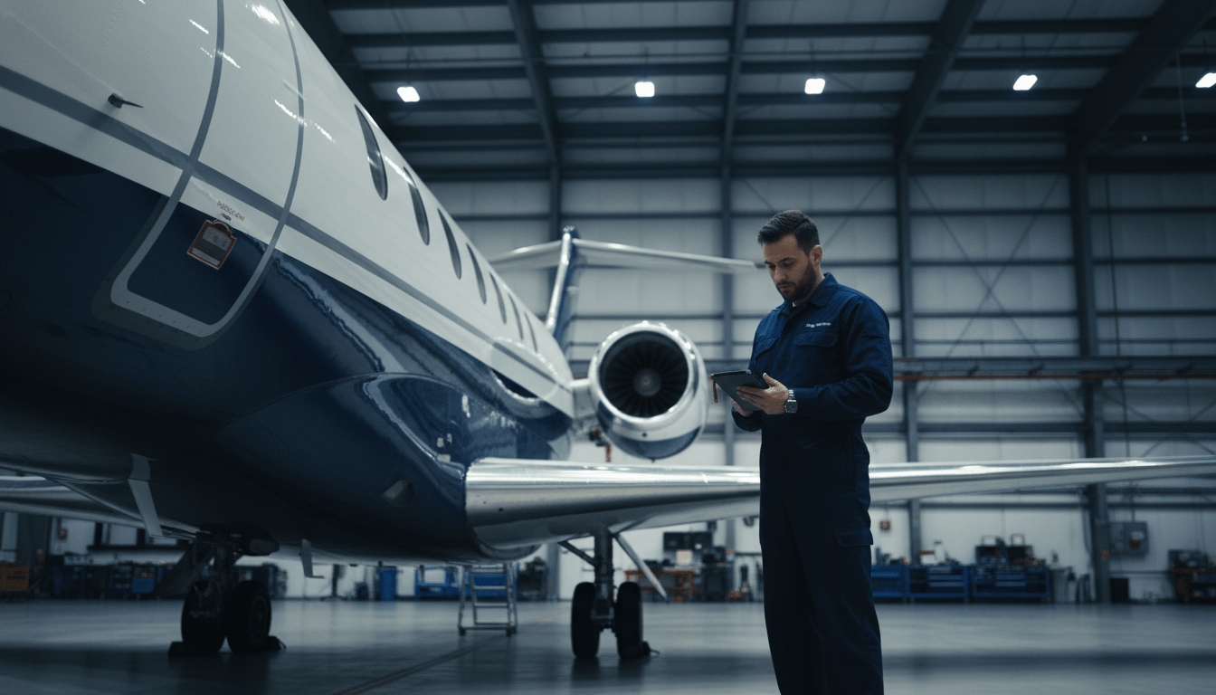 Técnico realizando inspección de seguridad en un jet privado dentro de un hangar moderno.
