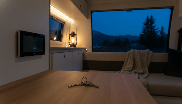 Interior de una furgoneta camper minimalista organizada y segura al atardecer