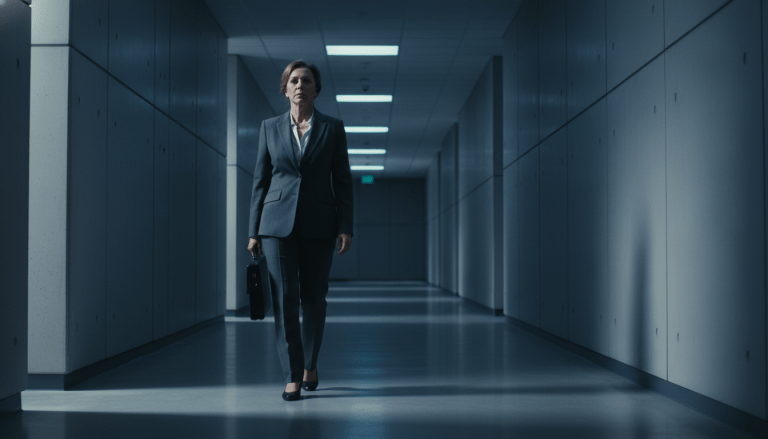 Mujer caminando sola en un pasillo de tribunal que representa la vulnerabilidad y la seguridad en procesos legales de familia