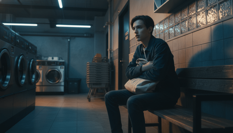 Persona sentada en una lavandería pública practicando vigilancia y conciencia situacional.