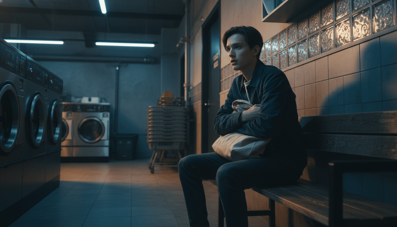 Persona sentada en una lavandería pública practicando vigilancia y conciencia situacional.