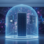 Servidor de empresa protegido por un escudo digital azul simbolizando un seguro de ciberseguridad contra ataques informáticos.