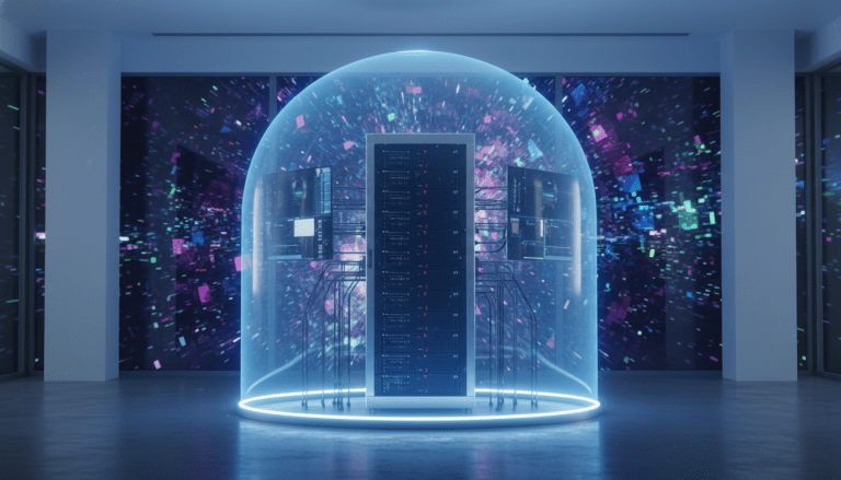 Servidor de empresa protegido por un escudo digital azul simbolizando un seguro de ciberseguridad contra ataques informáticos.