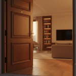 Interior de una vivienda moderna iluminada con luz cálida que representa el continente y contenido protegidos por un seguro de hogar.