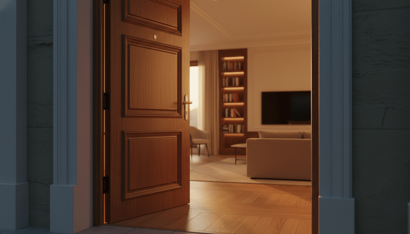 Interior de una vivienda moderna iluminada con luz cálida que representa el continente y contenido protegidos por un seguro de hogar.