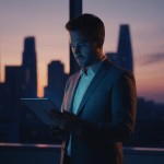 Consultor de seguridad privada analizando protocolos de responsabilidad civil y blindaje legal en una oficina de alta tecnología.