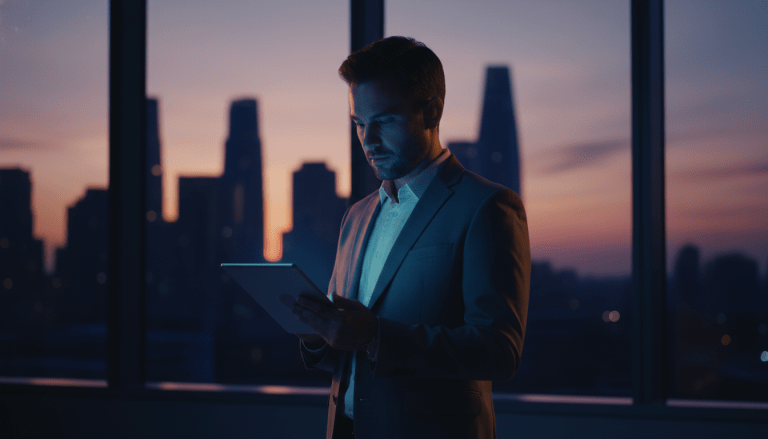 Consultor de seguridad privada analizando protocolos de responsabilidad civil y blindaje legal en una oficina de alta tecnología.