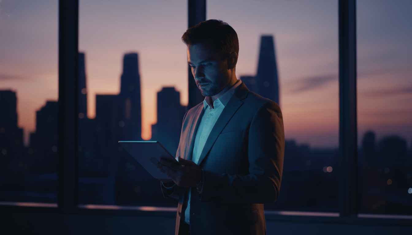 Consultor de seguridad privada analizando protocolos de responsabilidad civil y blindaje legal en una oficina de alta tecnología.