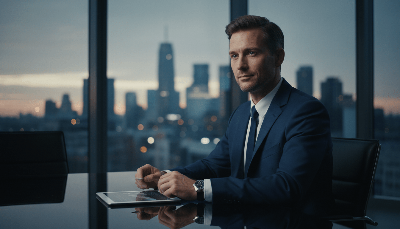 Profesional de seguridad corporativa en una entrevista estratégica sobre gestión de riesgos y tecnología.