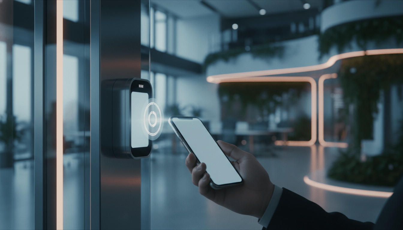 Sistema de gestión de visitantes digital mediante código QR en la entrada de una oficina moderna de alta seguridad.