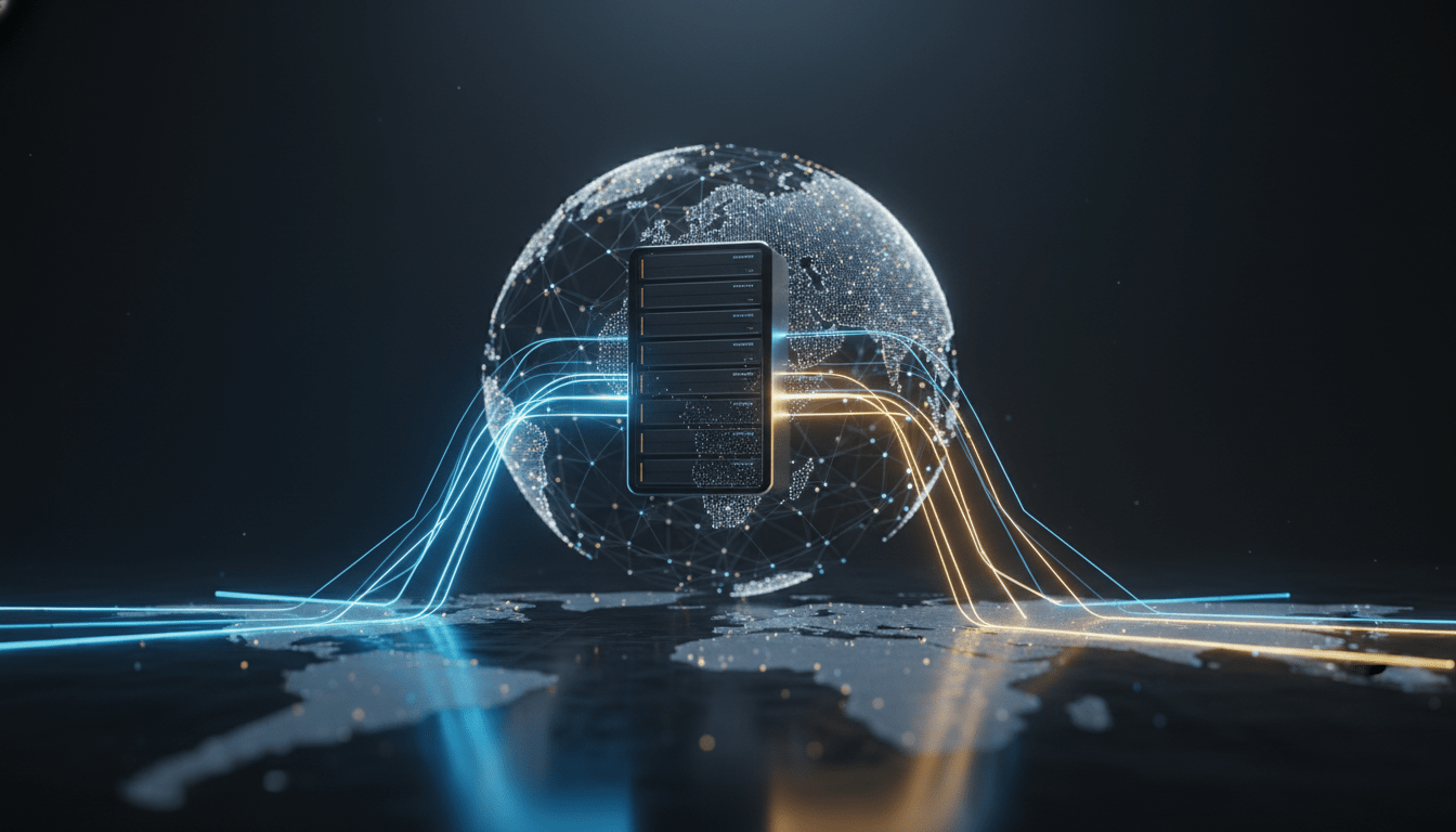 Servidor de datos global flotando sobre un mapa digital que simboliza la soberanía de datos y la ciberseguridad geopolítica.
