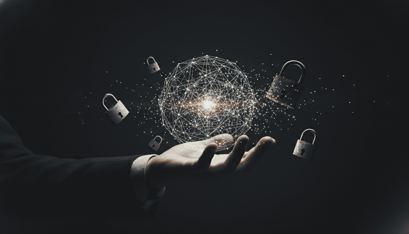 Concepto de identidad descentralizada representada por una esfera de luz digital y candados físicos desvaneciéndose