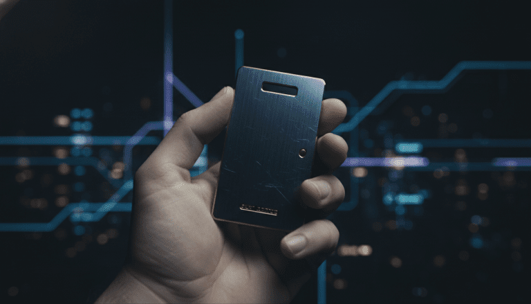 Hardware wallet metálica en mano humana simbolizando la soberanía financiera y seguridad digital