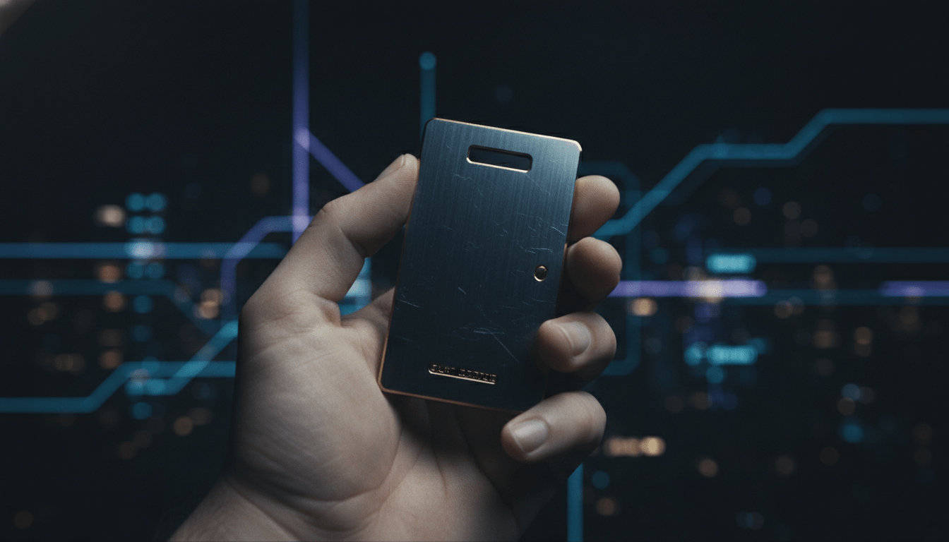Hardware wallet metálica en mano humana simbolizando la soberanía financiera y seguridad digital
