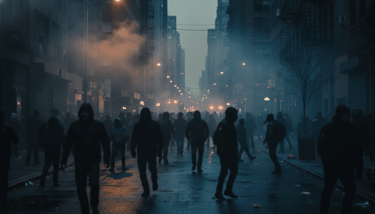 Multitud de personas moviéndose en una calle urbana con humo y atmósfera de caos durante un disturbio civil.