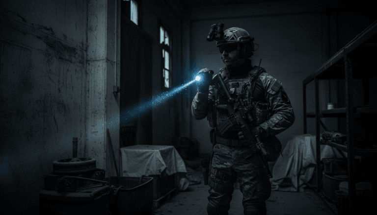 Operador táctico profesional utilizando una linterna táctica en un entorno oscuro durante una operación nocturna.
