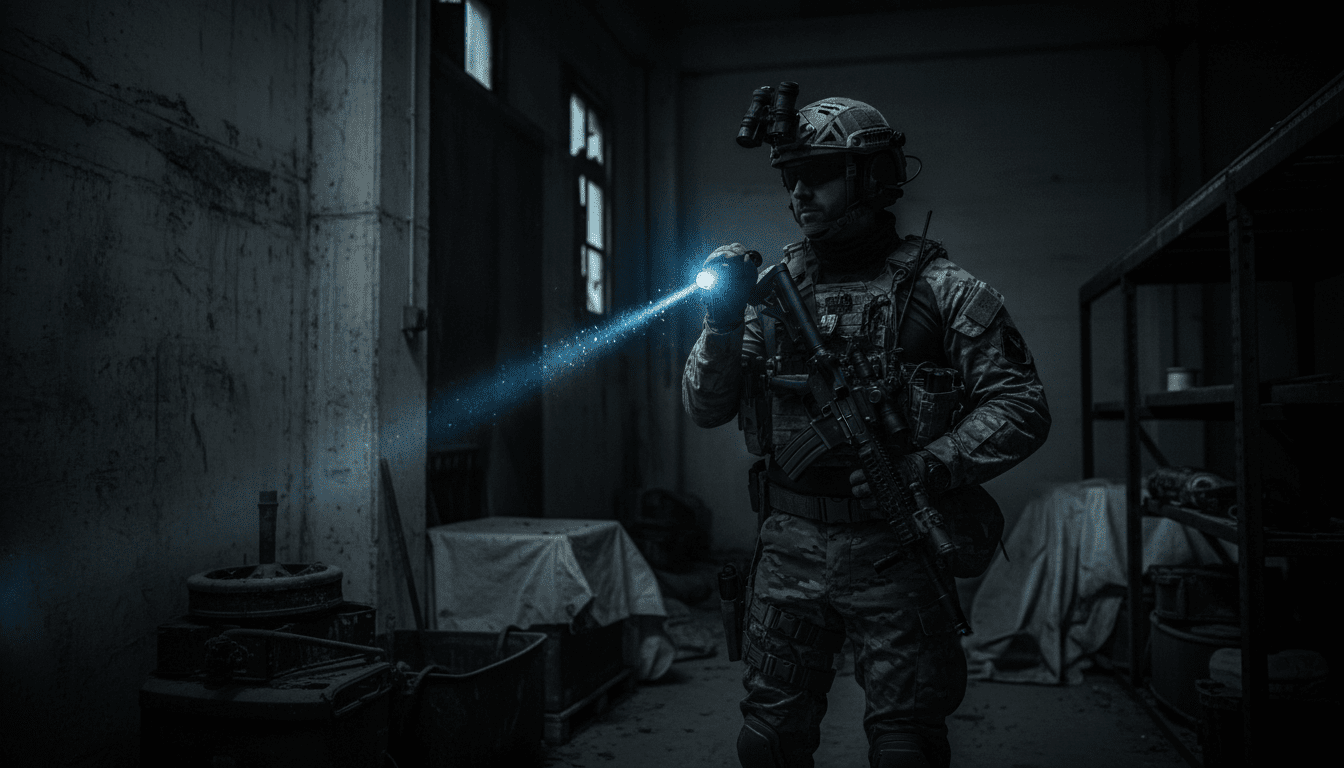 Operador táctico profesional utilizando una linterna táctica en un entorno oscuro durante una operación nocturna.
