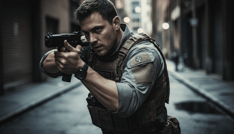 Agente de seguridad profesional practicando técnicas de retención de armas en combate a corta distancia.