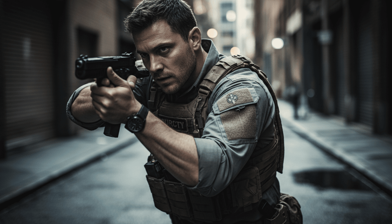 Agente de seguridad profesional practicando técnicas de retención de armas en combate a corta distancia.