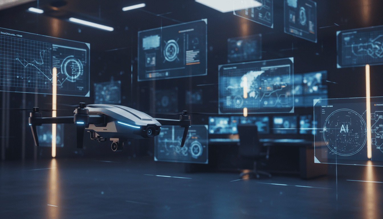 Centro de mando de seguridad corporativa con drones de vigilancia autónomos e inteligencia artificial