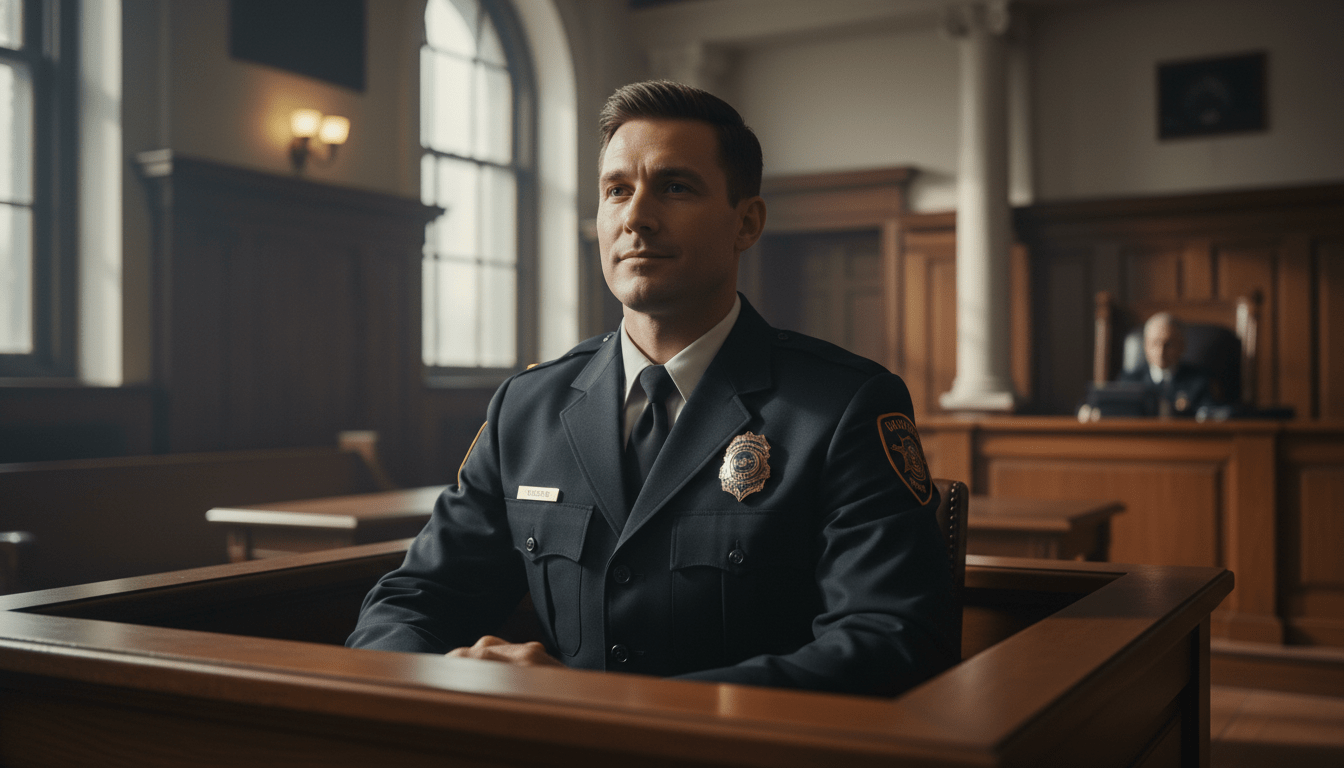 Profesional de seguridad privada testificando con integridad en el estrado de una sala de juzgado
