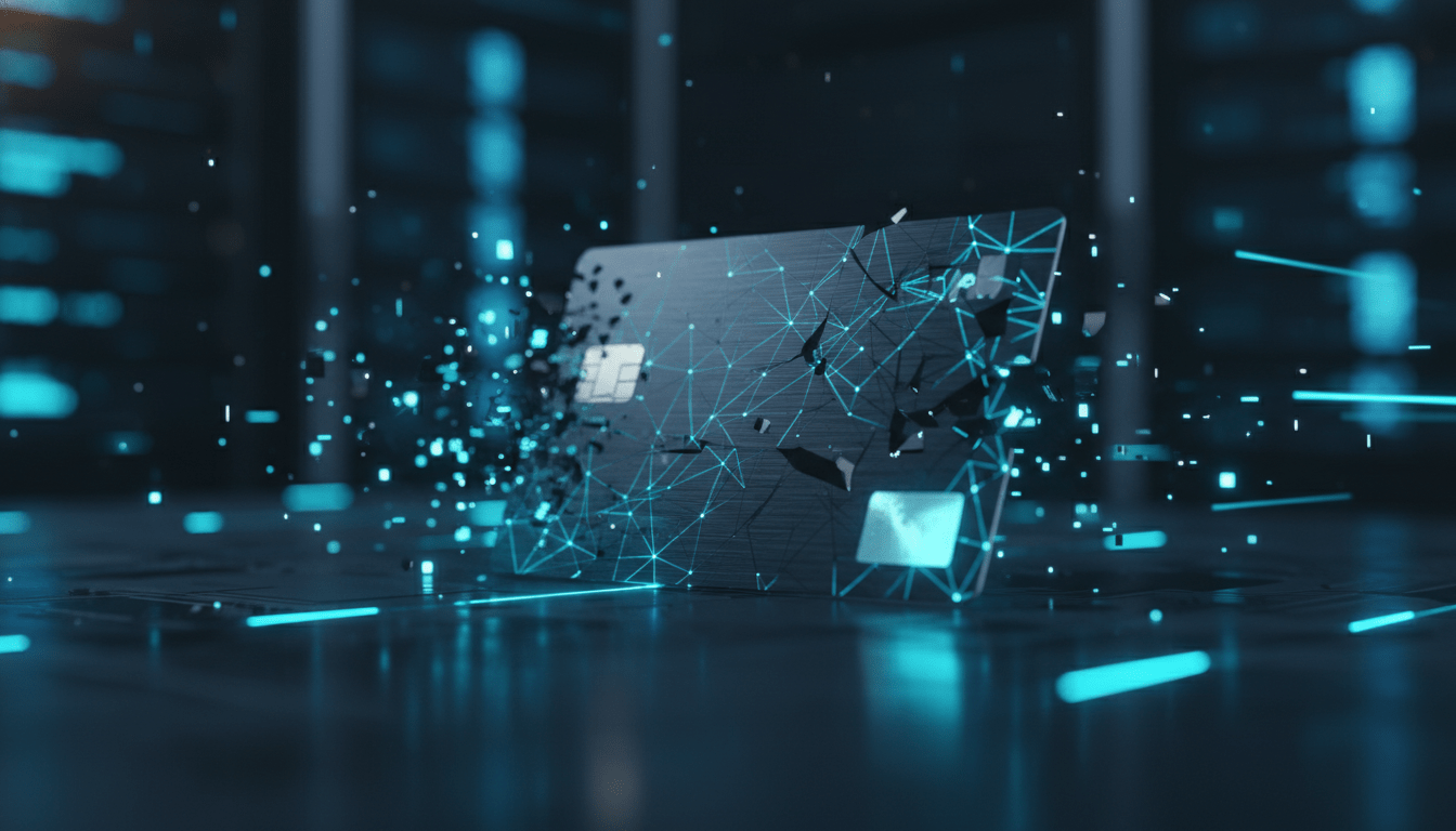 Representación visual del proceso de tokenización protegiendo datos de una tarjeta de crédito mediante fragmentación digital.