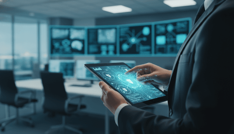 Profesional de seguridad analizando datos de clientes en una tableta digital para la gestion de seguridad privada.
