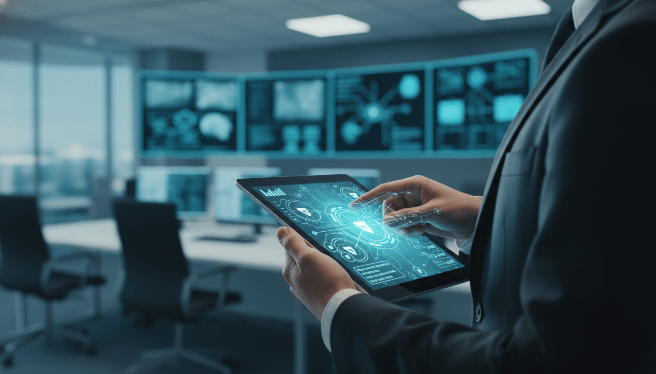 Profesional de seguridad analizando datos de clientes en una tableta digital para la gestion de seguridad privada.