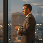 Profesional de seguridad corporativa en oficina moderna representando la transición de la carrera militar al sector privado