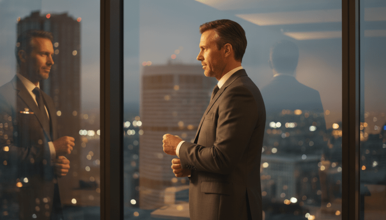 Profesional de seguridad corporativa en oficina moderna representando la transición de la carrera militar al sector privado