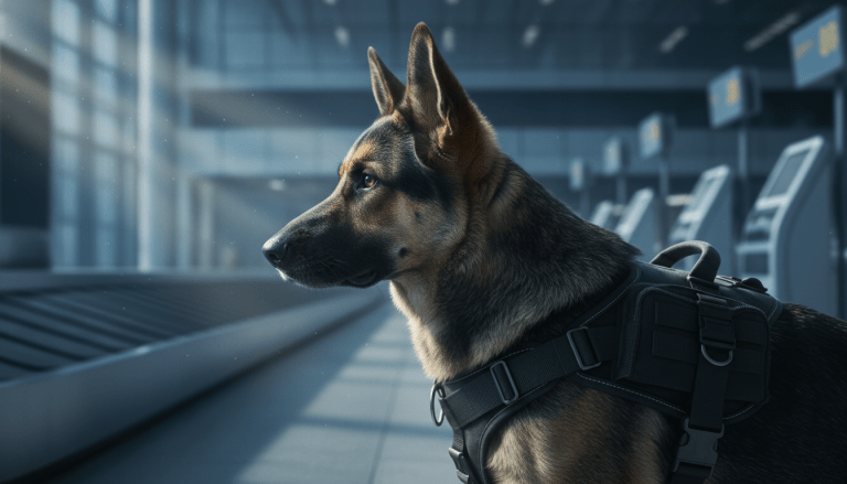 Perro de unidad K9 con arnés táctico en un entorno de seguridad aeroportuaria