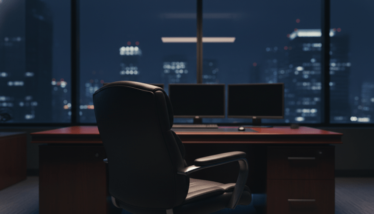 Oficina de seguridad ejecutiva vacía representando la ausencia de liderazgo y la necesidad de un plan de sucesión empresarial.