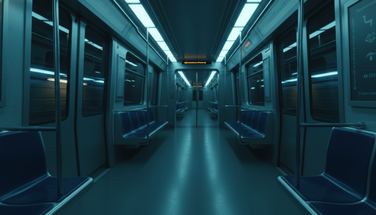 Interior de un vagón de metro vacío iluminado por luz artificial durante la noche, representando seguridad y consciencia situacional.