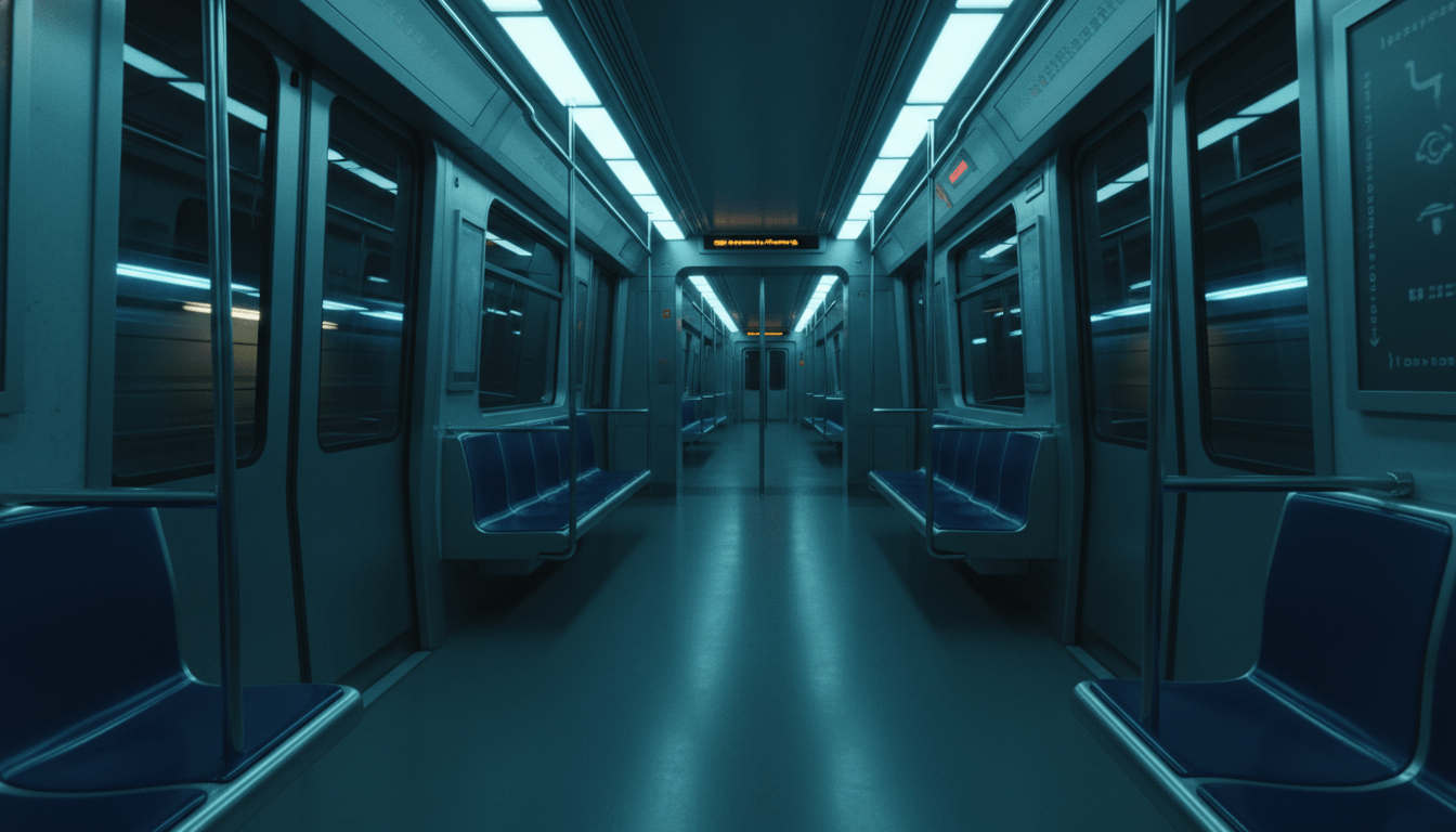 Interior de un vagón de metro vacío iluminado por luz artificial durante la noche, representando seguridad y consciencia situacional.