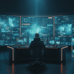 Operador de seguridad en un centro de monitoreo avanzado utilizando inteligencia artificial para vigilancia proactiva y análisis de datos en tiempo real.